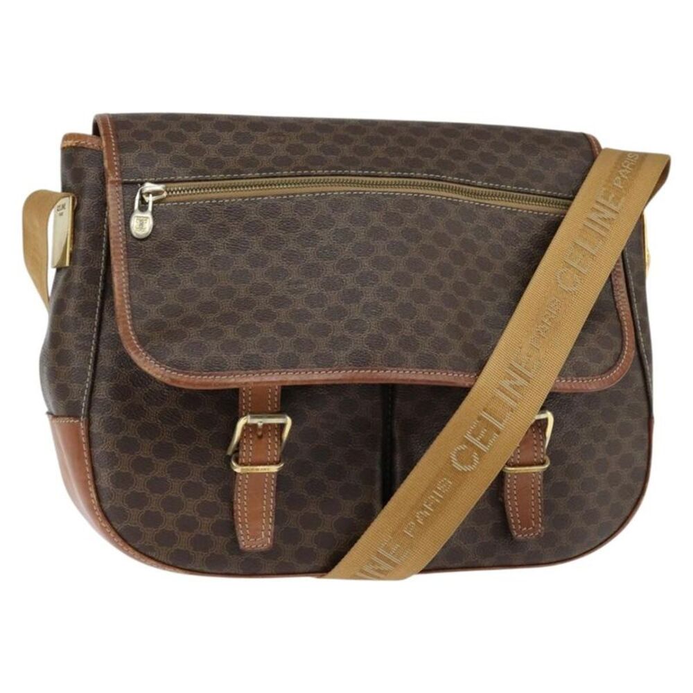 Celine Vintage Macadam Canvas And Leather Brown Canvas Shoulder Bag Bag